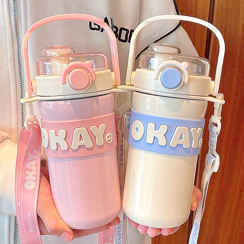 Personalized letter thermos cup, portable straw cup, boys and girls water cup, student sports kettle, good-looking double drink