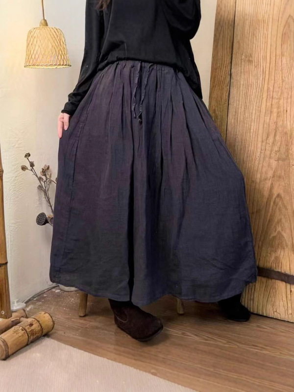 高端秋季新款女装复古休闲百搭捏摺版色织带里衬纯亚麻半身裙|undefined