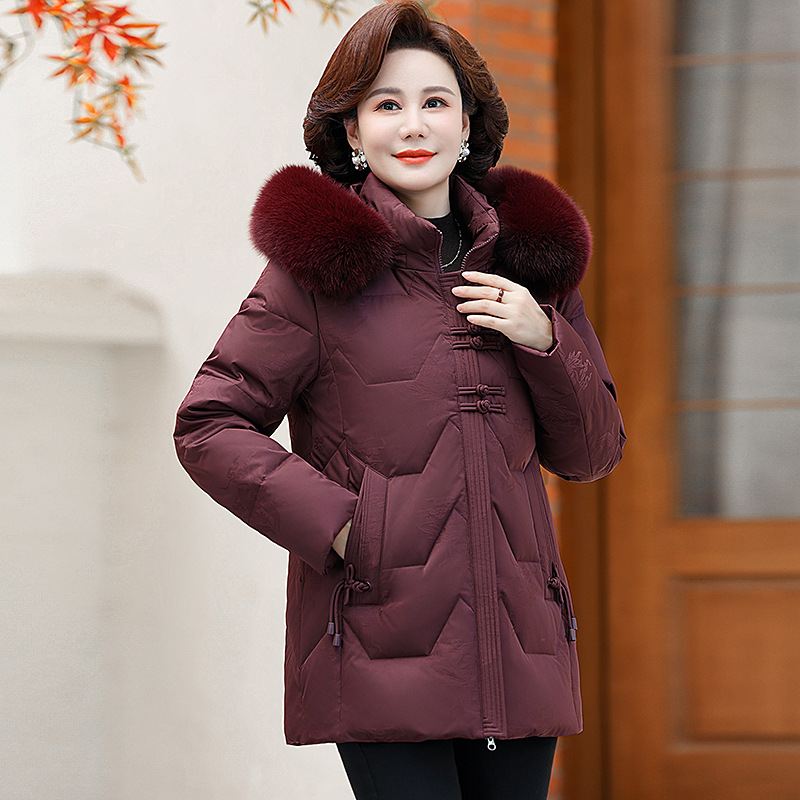 品牌同款90白鸭绒羽绒服中老年妈妈洋气保暖抗寒冬装女士毛领外套