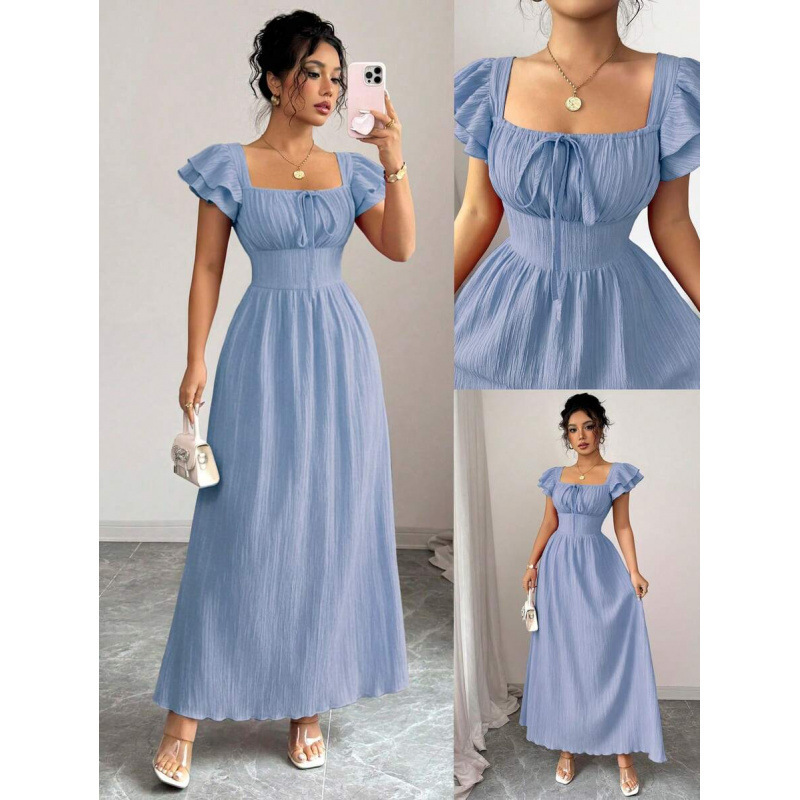 Cross-Border 2026 Summer New Style Square Collar Double-Layer Ruffle Sleeves Fashionable Casual Waist-Cinching Elegant Tie Dress for Women Cross-Border 2026 Summer New Style Square Collar Double-Layer Ruffle Sleeves Fashionable Casual Waist-Cinching Elegant Tie Dress for Women