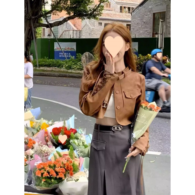 Retro sweet and cool short leather jacket for women in spring new Korean style slim and versatile motorcycle lace-up leather jacket trendy
