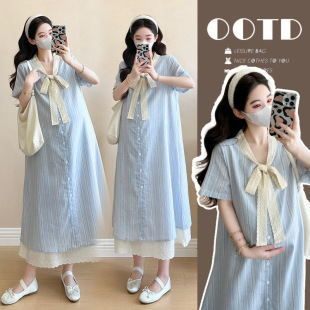 Real Shot in Stock ~ Maternity Wear 2025 New Summer Single-Breasted Lace Splicing Bow Fake Two-Piece Dress