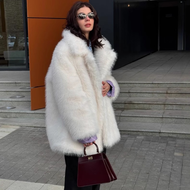 Amazon European and American Style Women's Autumn and Winter New Faux Fur Effect Lapel Long Sleeve Fur Coat Coat Women