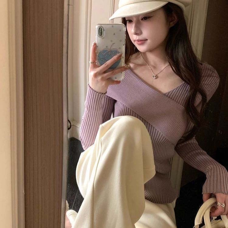 纯色交叉V领针织打底衫女早秋季设计感锁骨修身显瘦毛衣内搭上衣|undefined