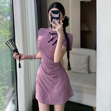 性感复古风改良旗袍款暗花盘扣连衣裙女小个子收腰超短裙夏季跨境