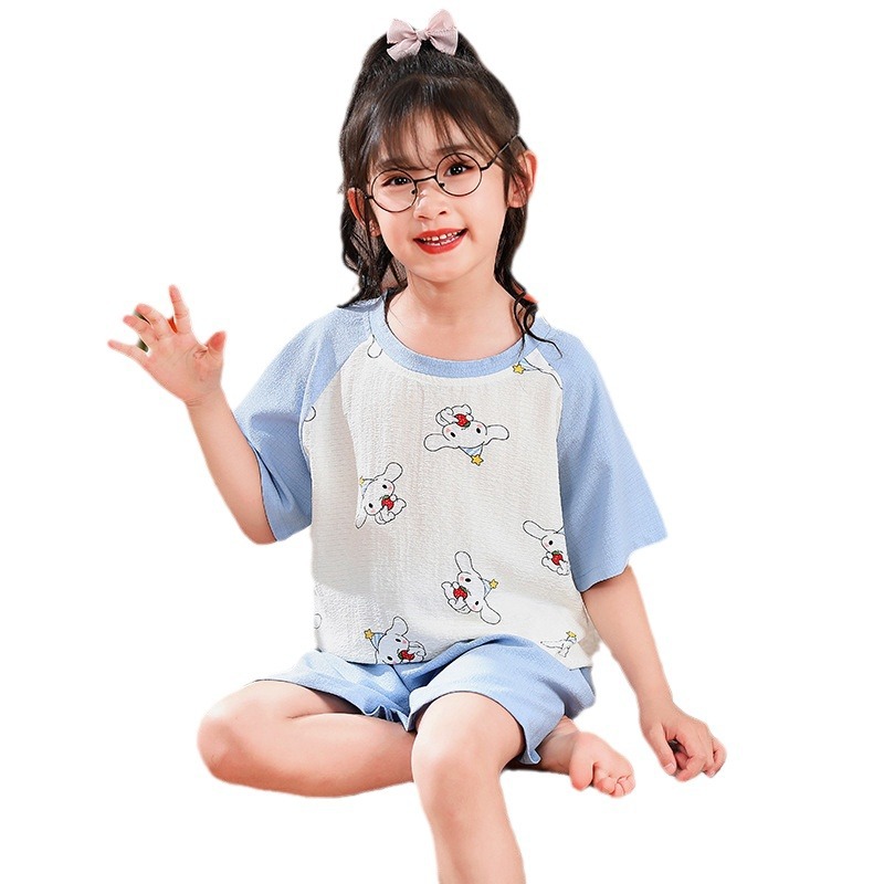 Pijamas infantiles niñas de manga corta verano espuma tejida tela arrugada dibujos animados niñas niños mayores cubierta de ropa de bebé