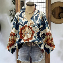 新款跨境欧美亚马逊独立站速卖通印花V领宽松荷叶边长袖女装上衣