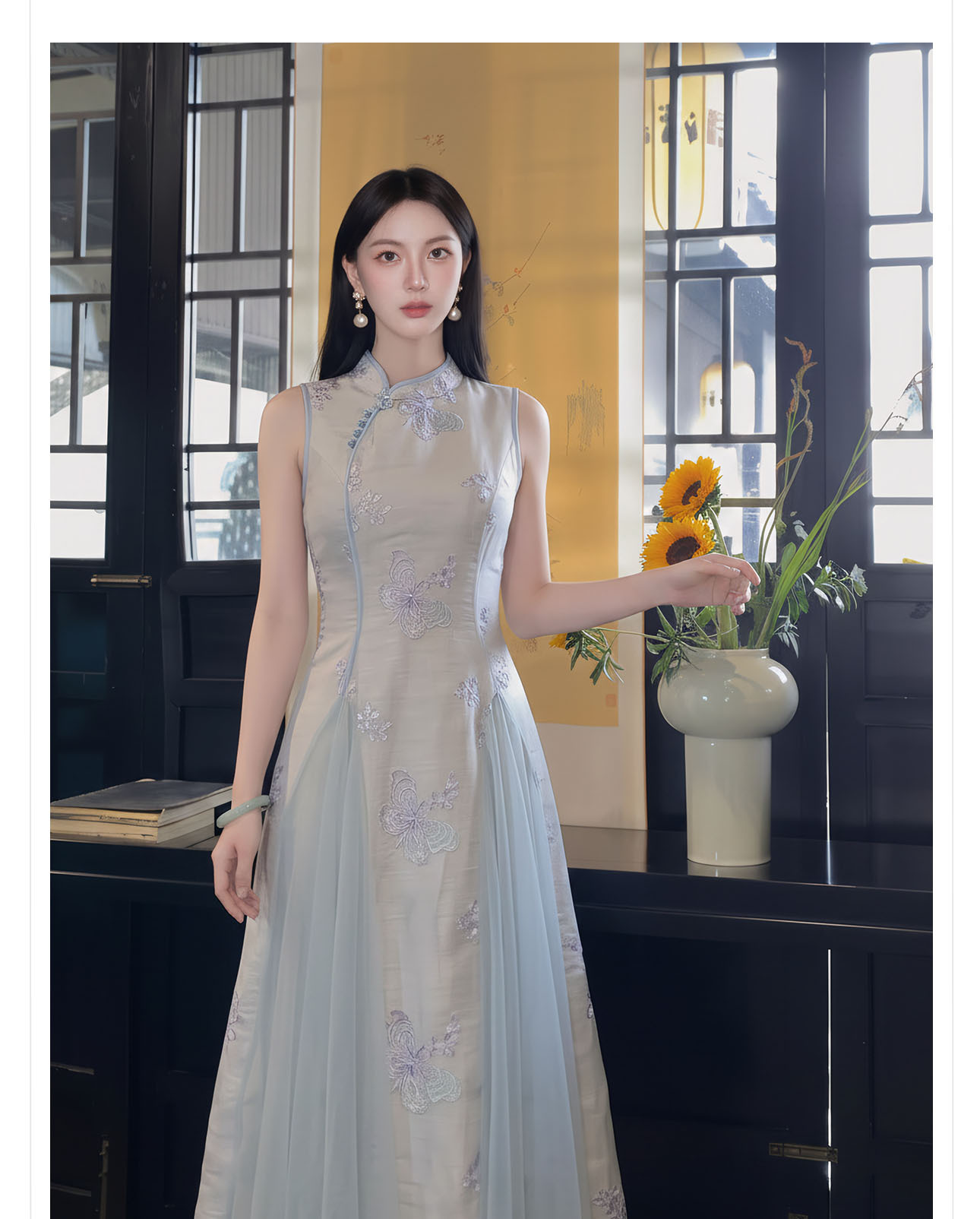 Đầm maxi nữ thắt eo kiểu sườn xám cách tân không tay dáng dài — màu xanh nhạt chi tiết 9