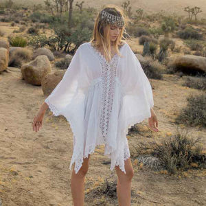 product - wholesale Artificial Cotton Lace Waist Elastic Band Beach Cover-up Sexy Loose Vacation Sun Protection Shirt Bikini Cover - 1