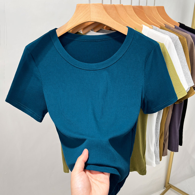 T-shirt de mangas cortas de rosca para mujeres 2025, nueva ropa de mujer de color sólido con camiseta de base elegante de cuello redondo de cintura