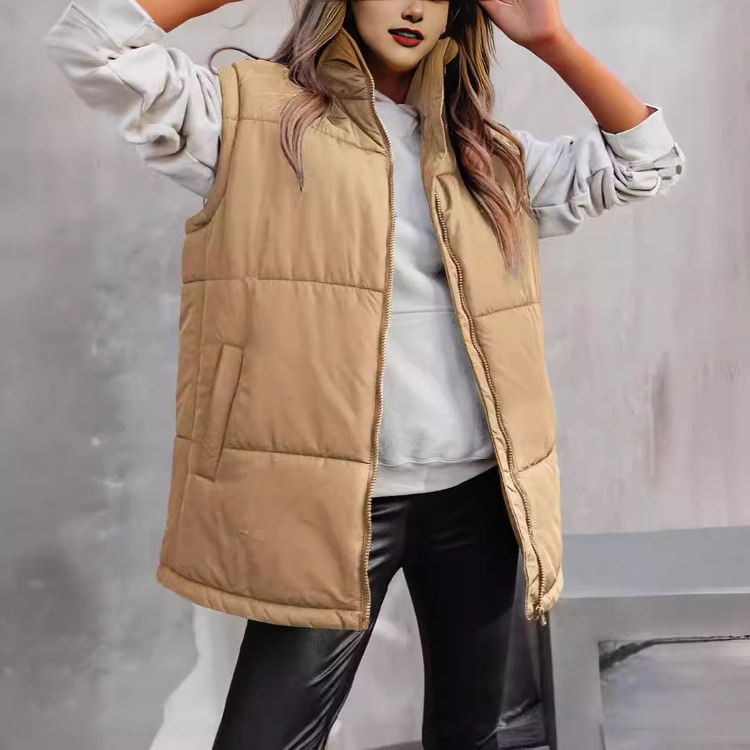 欧美跨境秋冬新款女装亚马逊纯色拉链时尚保暖外套立领棉服马甲女