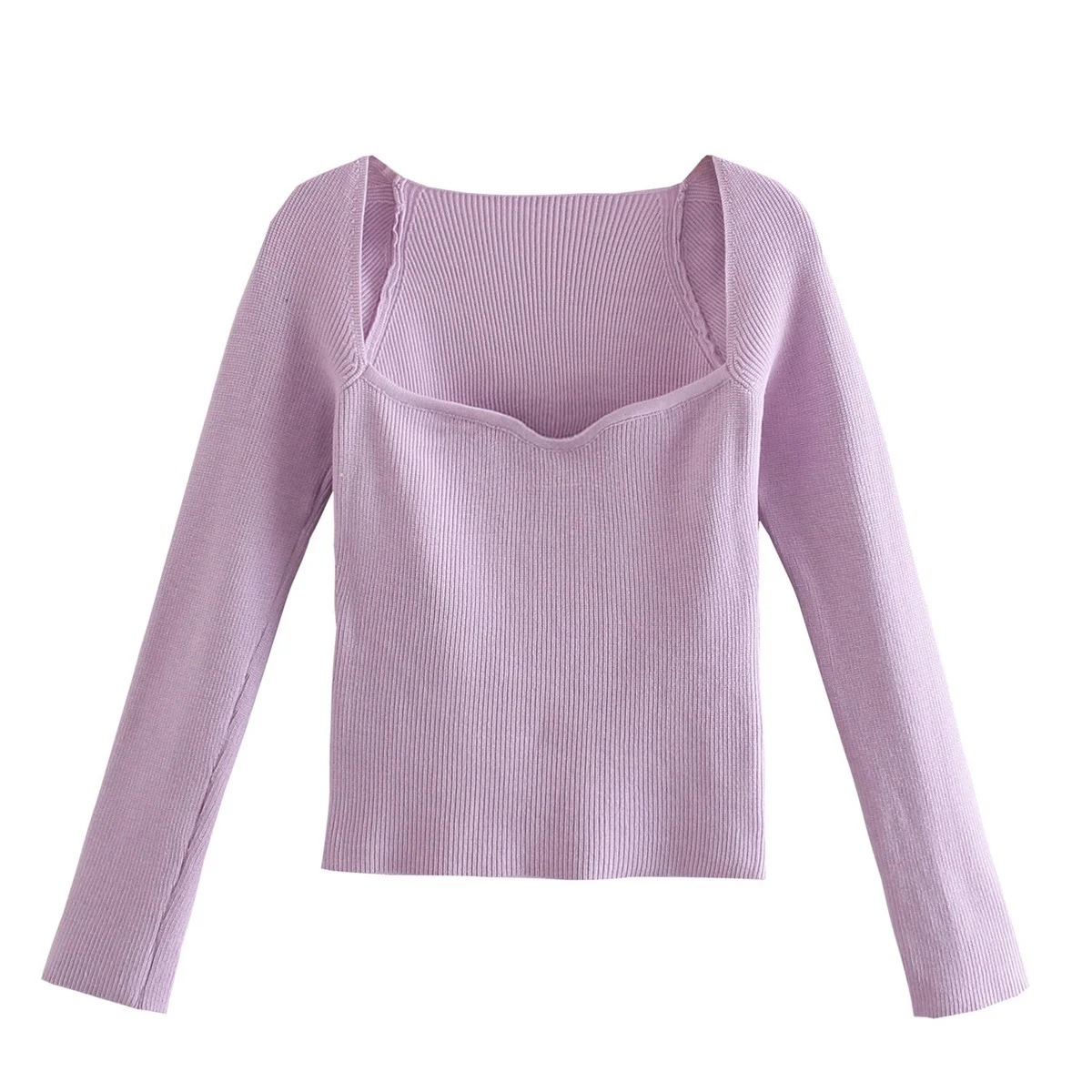 Retro Peach Heart Collar Long-Sleeved Tight-Fitting Pit Strip Solid Color Knitted Top NSZQW115377