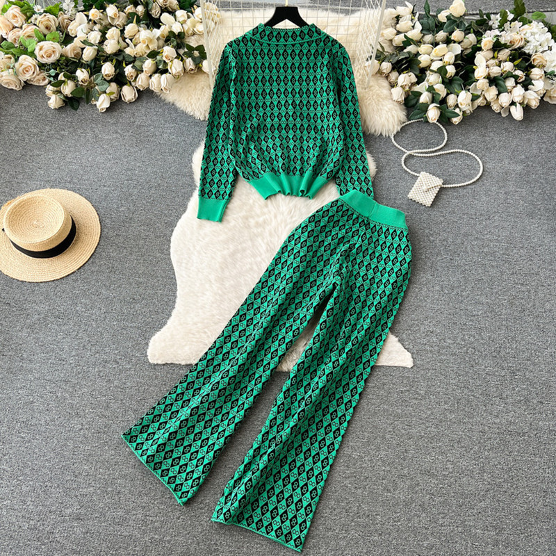 Women's Clothing Fashion suits casual lapel knitted sweater wide leg pants knitted two piece suit_voghion.com