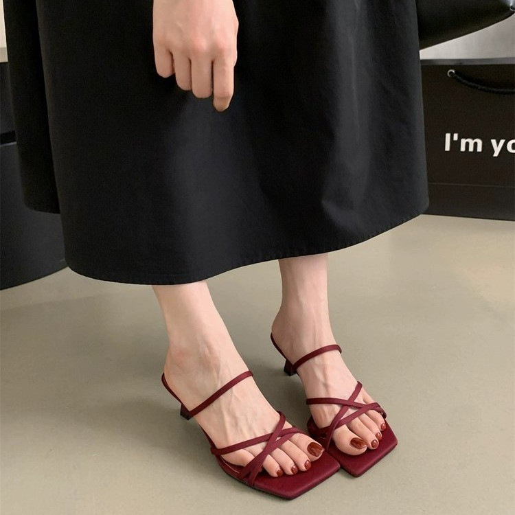 优雅细带露趾凉拖鞋女2025夏季新款方头高跟鞋温柔仙女风一字拖鞋|undefined