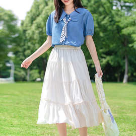 5076少女短袖衬衫夏装新款高初中学生大童宽松休闲牛仔半袖上衣潮