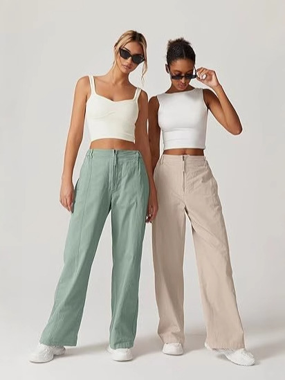 Pantalones anchos con cremallera frontal para mujer explosiva de Amazon transfronteriza, monos casuales de cintura alta, pantalones anchos con bolsillos de algodón