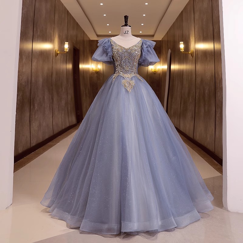 Nuevo azul vestido de noche puff manga estudiante música vocal arte examen rendimiento traje vocal solo pettiskirt Reunión Anual etapa