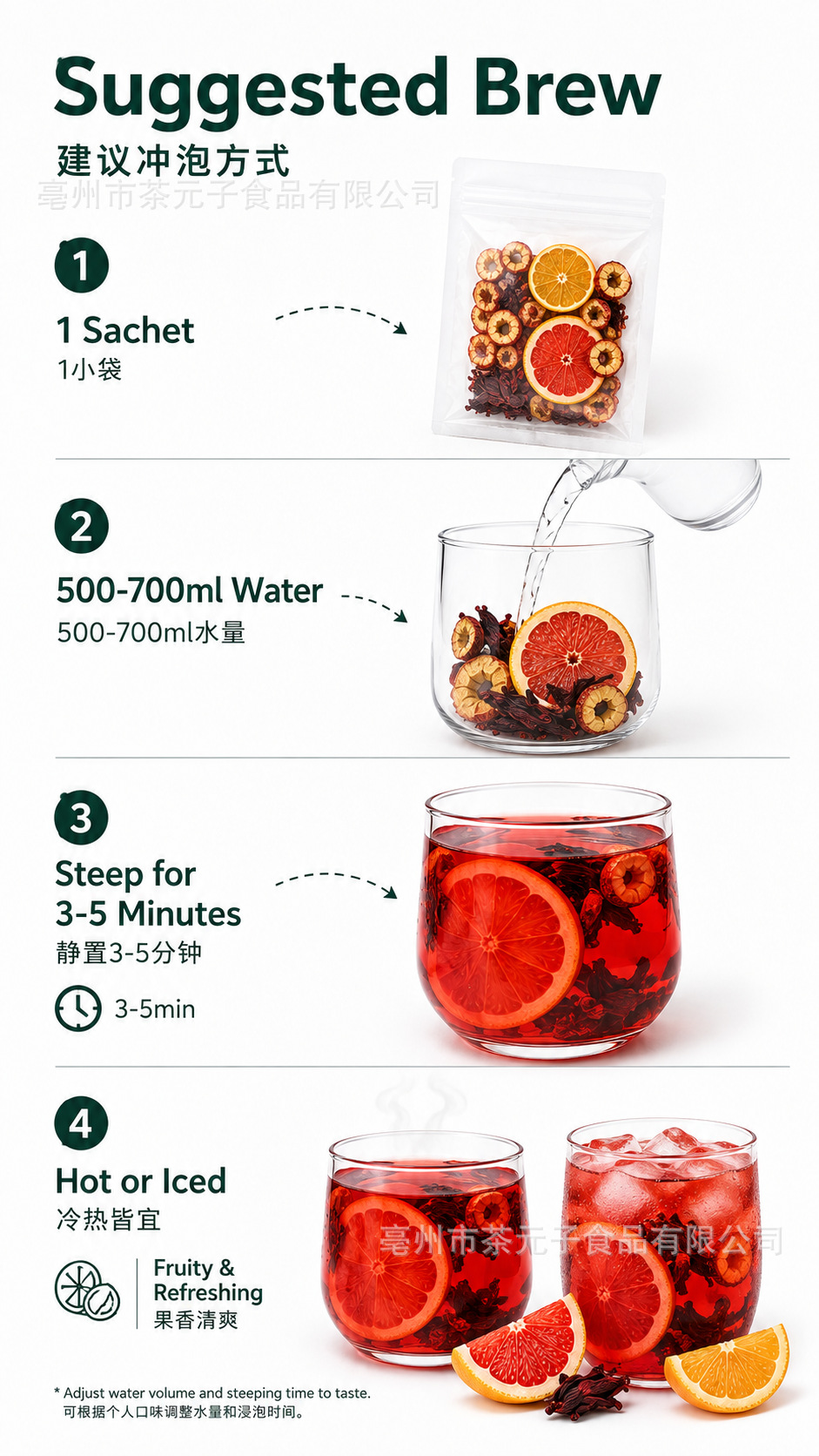 Hibiscus Grapefruit Orange Tea Luo Shen Hua Mei Guo Cha 10g x 10 Bags Sugar Free Herbal Infusion specifications