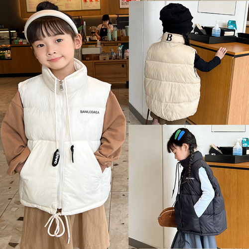 New Children's Down Cotton Vest Autumn and Winter Trendy Style for Boys and Girls, Baby Hoods, Thick Outerwear for Middle and Large Children, Kimono-style