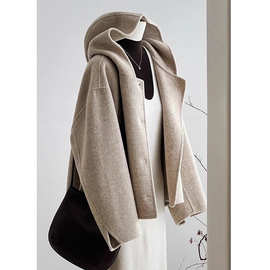 连帽大衣双面毛呢短外套气质浅卡其上衣女秋冬新款休闲通勤呢大衣