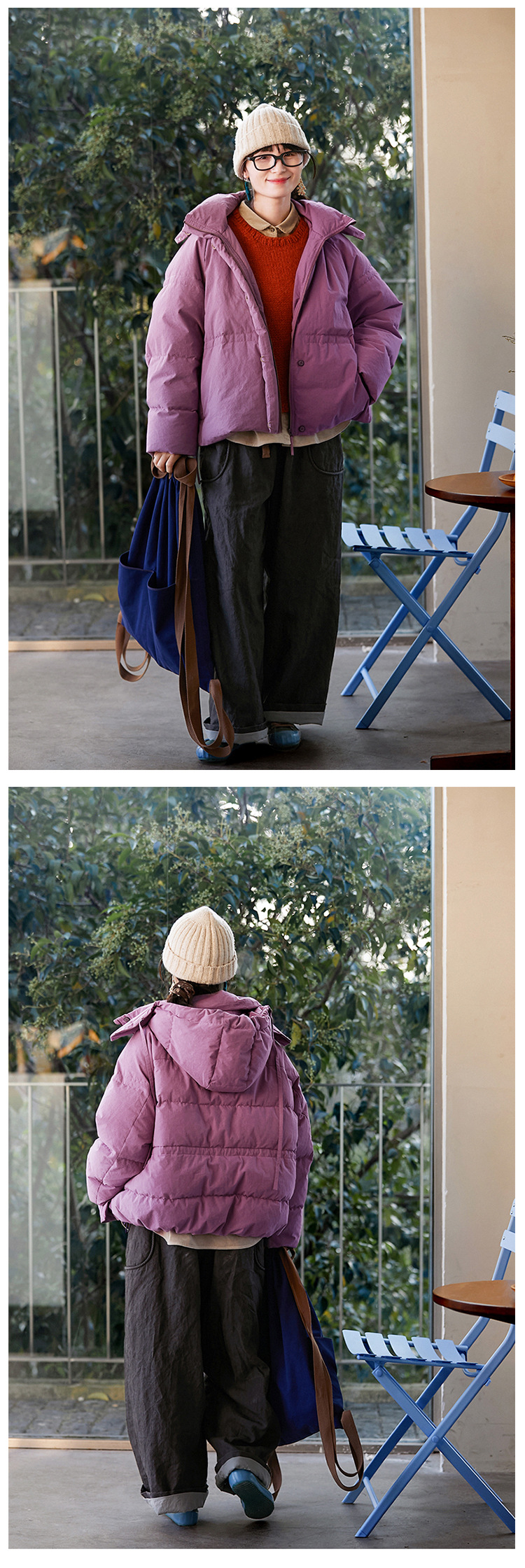 ラベンダーパープルの素朴で暖かいスタンドカラーダウンジャケット