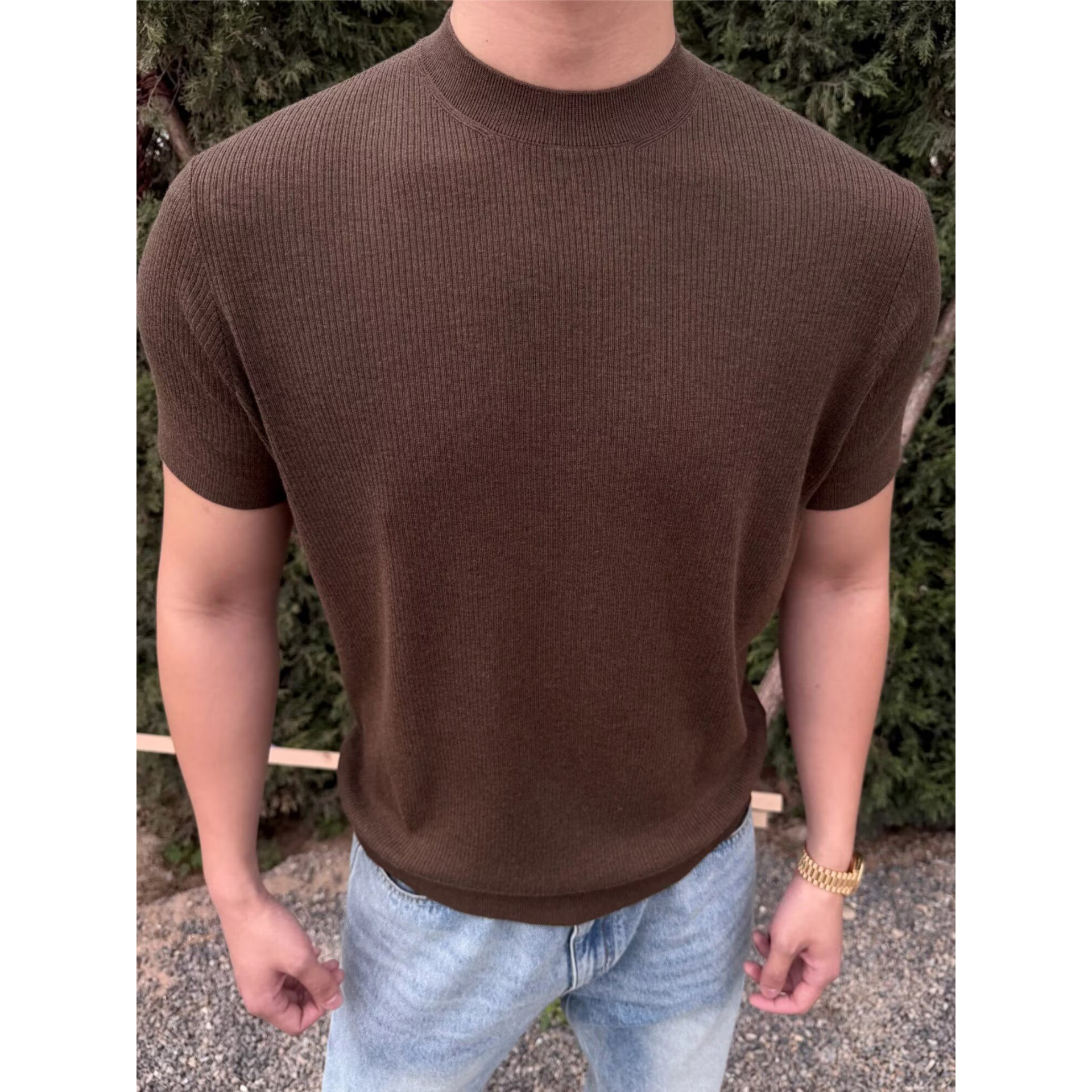 Camiseta de punto de manga corta camiseta textural hombre viejo estilo de hielo alto traje de verano de seda interior fábrica transfronteriza al por mayor