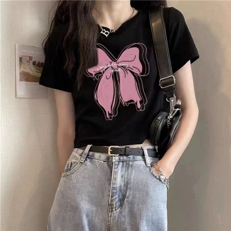 Camisas de mangas cortas americanas de alta calle caliente para mujeres 2026 verano delgado cintura alta ombligo corto de moda impresa blusa