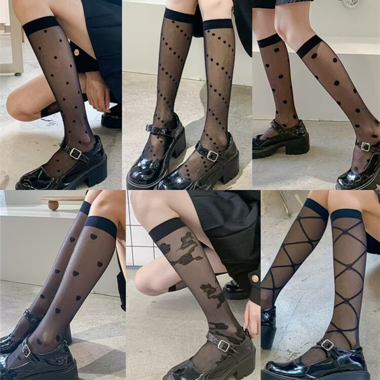 Women's Black and White Calf Socks, Japanese Jk Style Knee-High Socks, Lolita Stockings, Black Silk Geometric Pattern Women's Black and White Calf Socks, Japanese Jk Style Knee-High Socks, Lolita Stockings, Black Silk Geometric Pattern