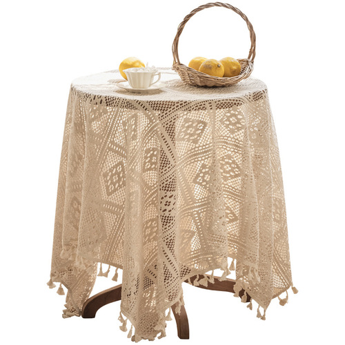 American Country Cotton Woven Tablecloth Lace Embroidery Crochet Fringe Tablecloth French Cover Vintage Ins Tablecloth