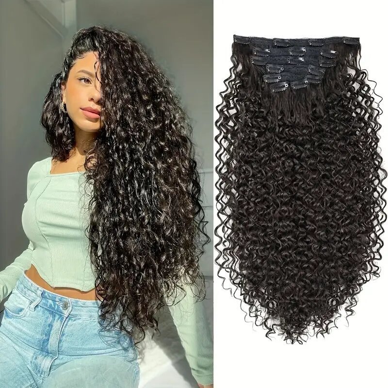 Synthetic curly clip extensiones de cabello Kinky curly clip peluca de cabeza completa dama cabello marrón negro