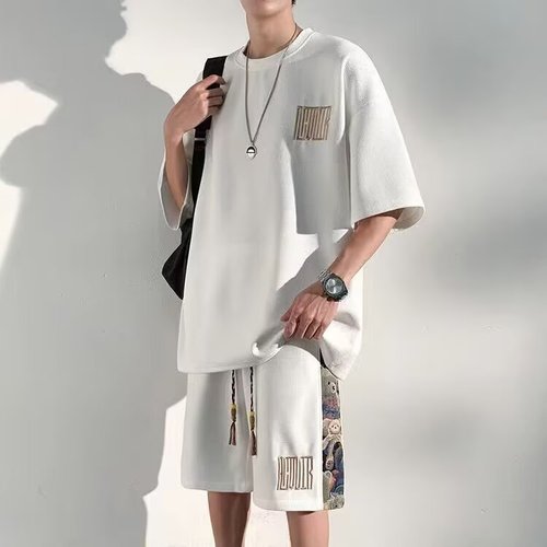 Chic Brand National Trend Little Bear Large Size Set for Men Summer Fashion Youth Short Sleeve Shorts Casual Sports Style Two-Piece Set