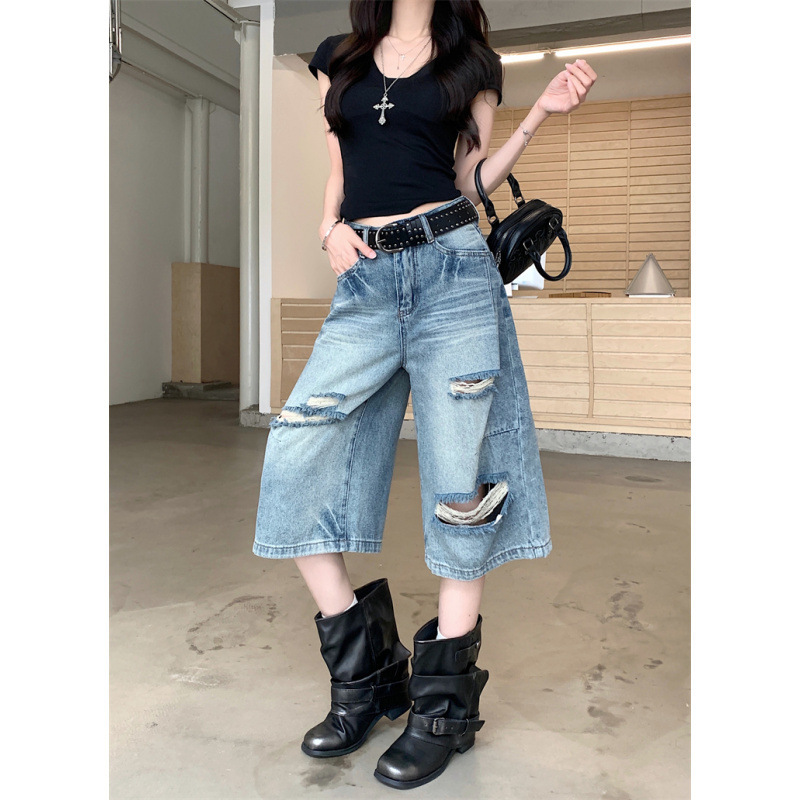Ripped Denim Wide-Leg Cropped Pants for Women, 2026 Summer New Vintage Washed Style, Distressed Loose Straight Mid-Length Pants Ripped Denim Wide-Leg Cropped Pants for Women, 2026 Summer New Vintage Washed Style, Distressed Loose Straight Mid-Length Pants