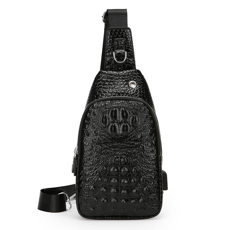 Men's High-End Crocodile Patterned Chest Bag Shoulder Crossbody Casual Outdoor Large Capacity Leather Bag_voghion.com