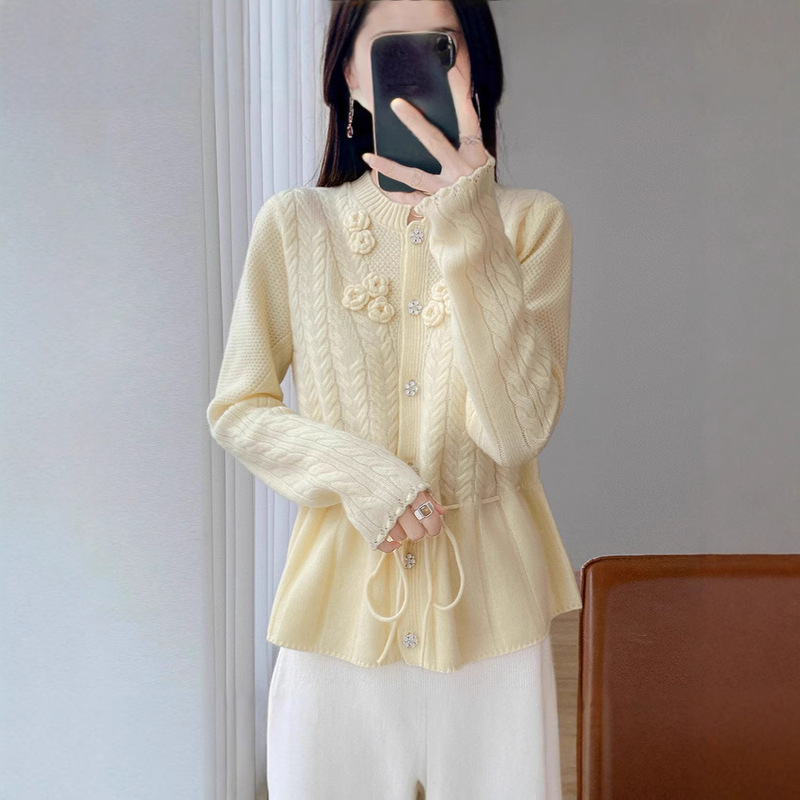 New Twisted Wool Knitted Cardigan for Women, Round Neck Design, Autumn and Winter Waist Rope, Waist Slimming Mercerized