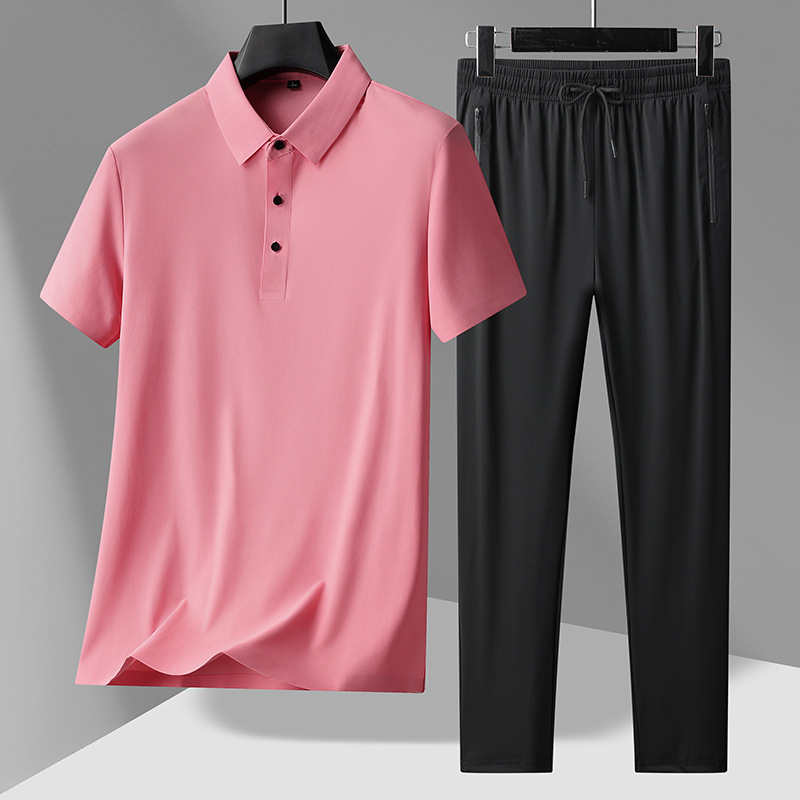 Ice Silk Seamless Short-Sleeved Men's T-Shirt and Long Pants Two-Piece Set Polo Shirt Men's Short-Sleeved T-Shirt Dad Outfit Summer Suit Ice Silk Seamless Short-Sleeved Men's T-Shirt and Long Pants Two-Piece Set Polo Shirt Men's Short-Sleeved T-Shirt Dad Outfit Summer Suit