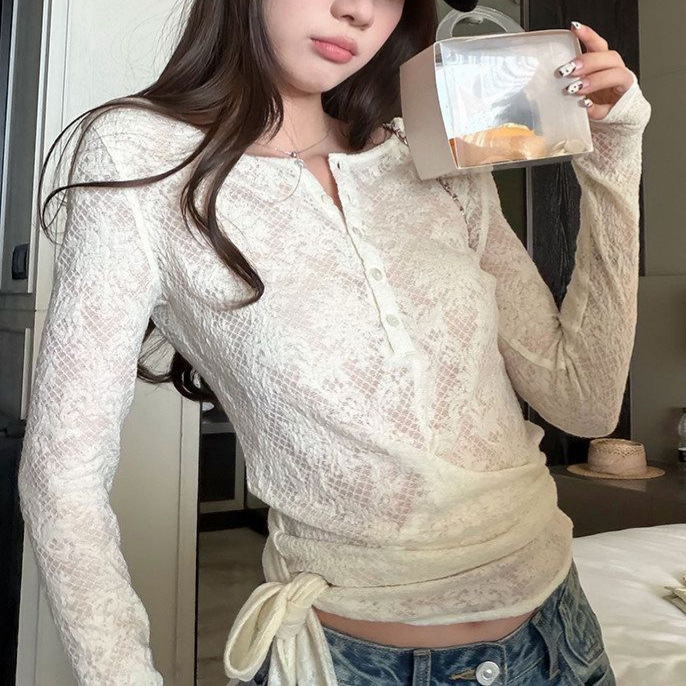 Korean-Style Early Spring Super Stylish Lace-Up Lace Top for Women, 2026 Spring New Long-Sleeve Blouse with Unique Design Korean-Style Early Spring Super Stylish Lace-Up Lace Top for Women, 2026 Spring New Long-Sleeve Blouse with Unique Design