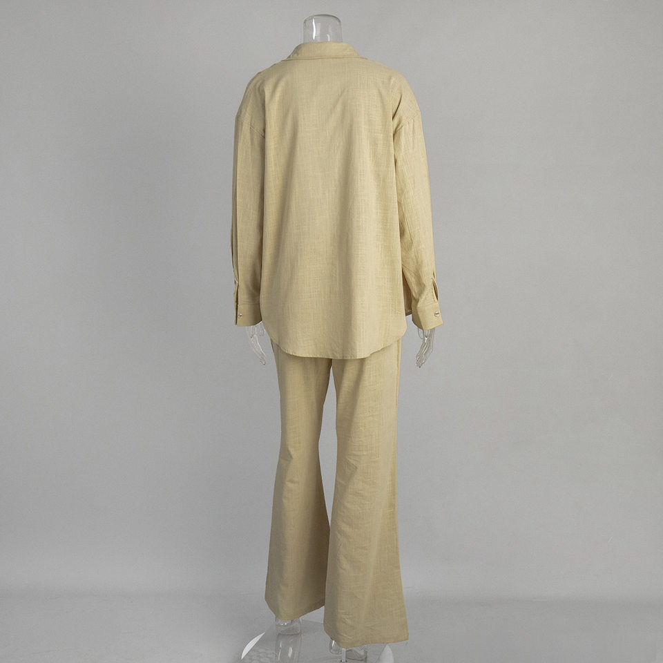Bộ sơ mi dài tay cổ bẻ phối quần ống rộng dáng suông chất cotton — Màu cà phê, Màu cà phê nhạt, Màu kaki, Màu mơ chi tiết 14