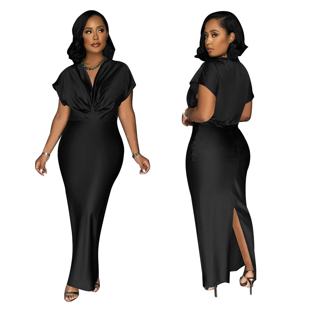Women's V Neck Short Sleeve Dress Elegant Slim Fit with Back Slit K10697 AliExpress European And American Cross Border Fashion New_ecoleips.com