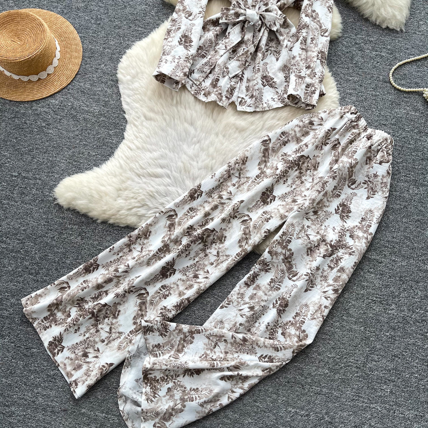 Women's Sophisticated Elegant Two Piece Set Autumn Tie up V Neck Top High Waisted Wide Leg Pants Slimming Stylish Look_ecoleips.com