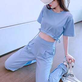 炸街时尚套装夏装洋气宽松休闲运动女减龄短款长裤阔腿裤两件套潮