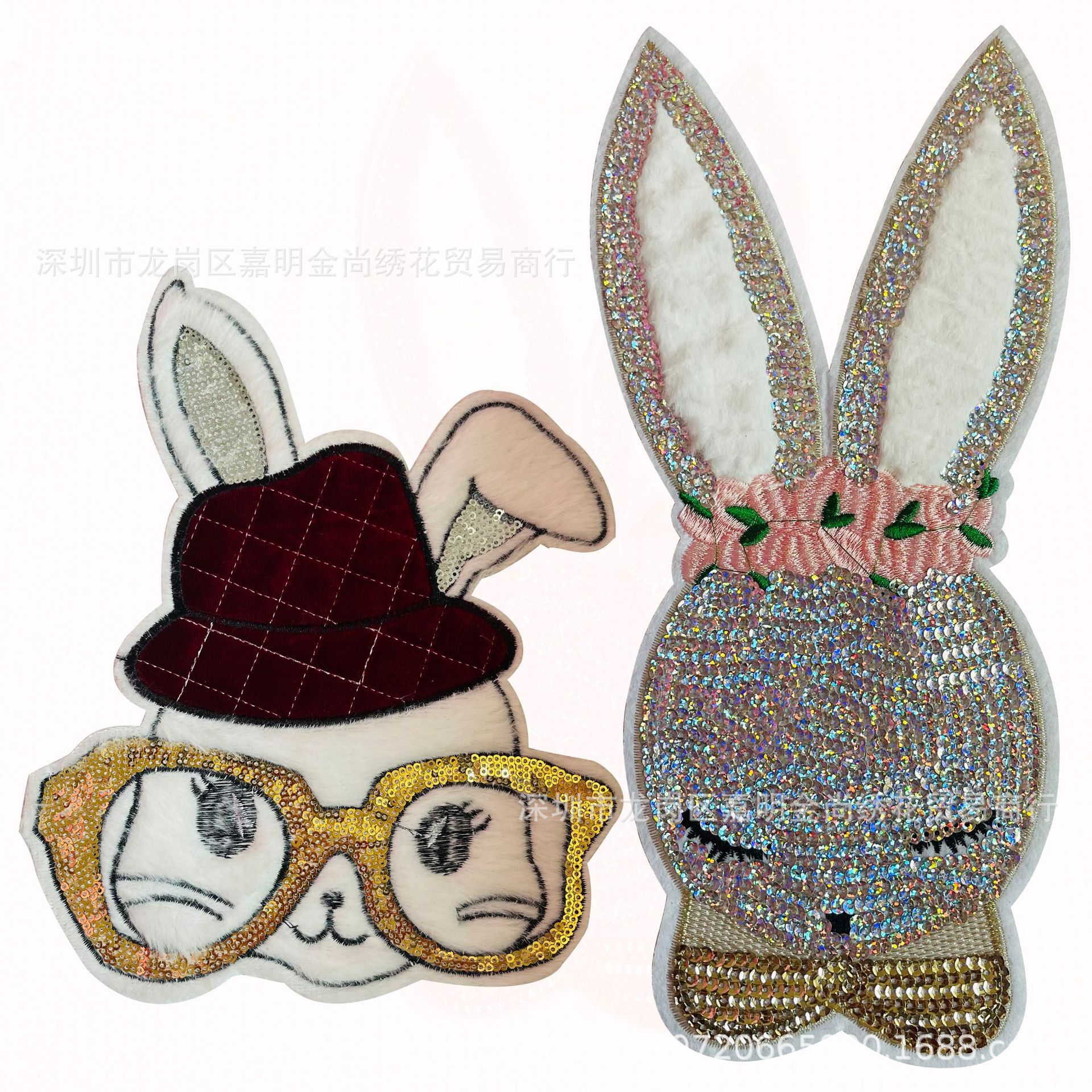 珠亮片绒毛刺绣布贴蝴蝶结眼镜帽子长耳兔补环丁贴卡通保服装辅料