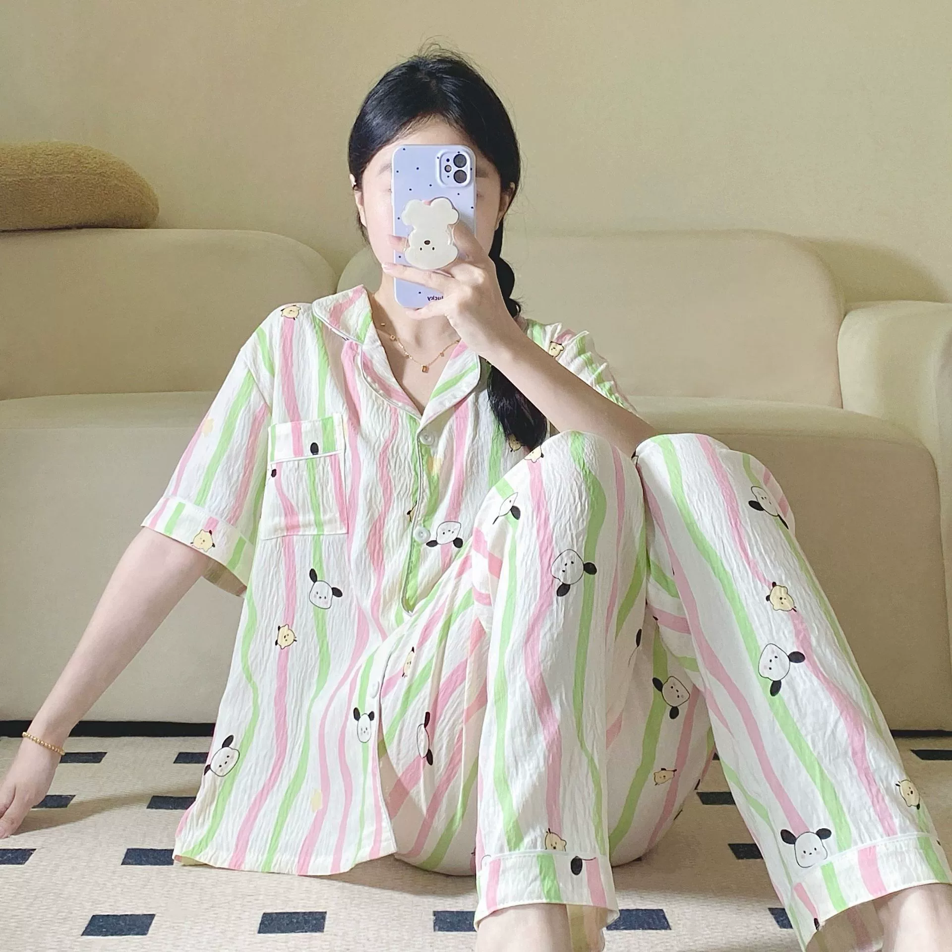 Фабричный экспорт: хлопковые пижамы для женщин, весна-лето, новые короткие кардиганы с лацканами, мультяшный принт, домашний комплект.