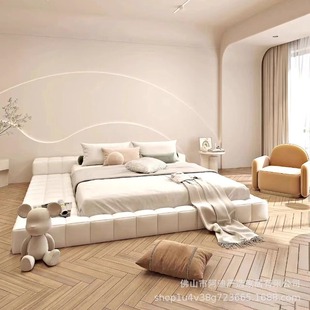 Tatami Leather Art Bed Cream Style Master Bedroom Modern Simple Japanese Wabi-Sabi Style Double Floor-Standing 1.8m Large Bed