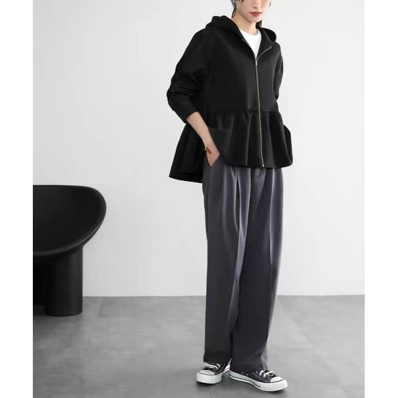 Loose Fit Hooded Zipper Long Sleeve Asymmetrical Front Short Back Long Ruffle Patchwork Cardigan Sweatshirt Jacket for Women in Autumn