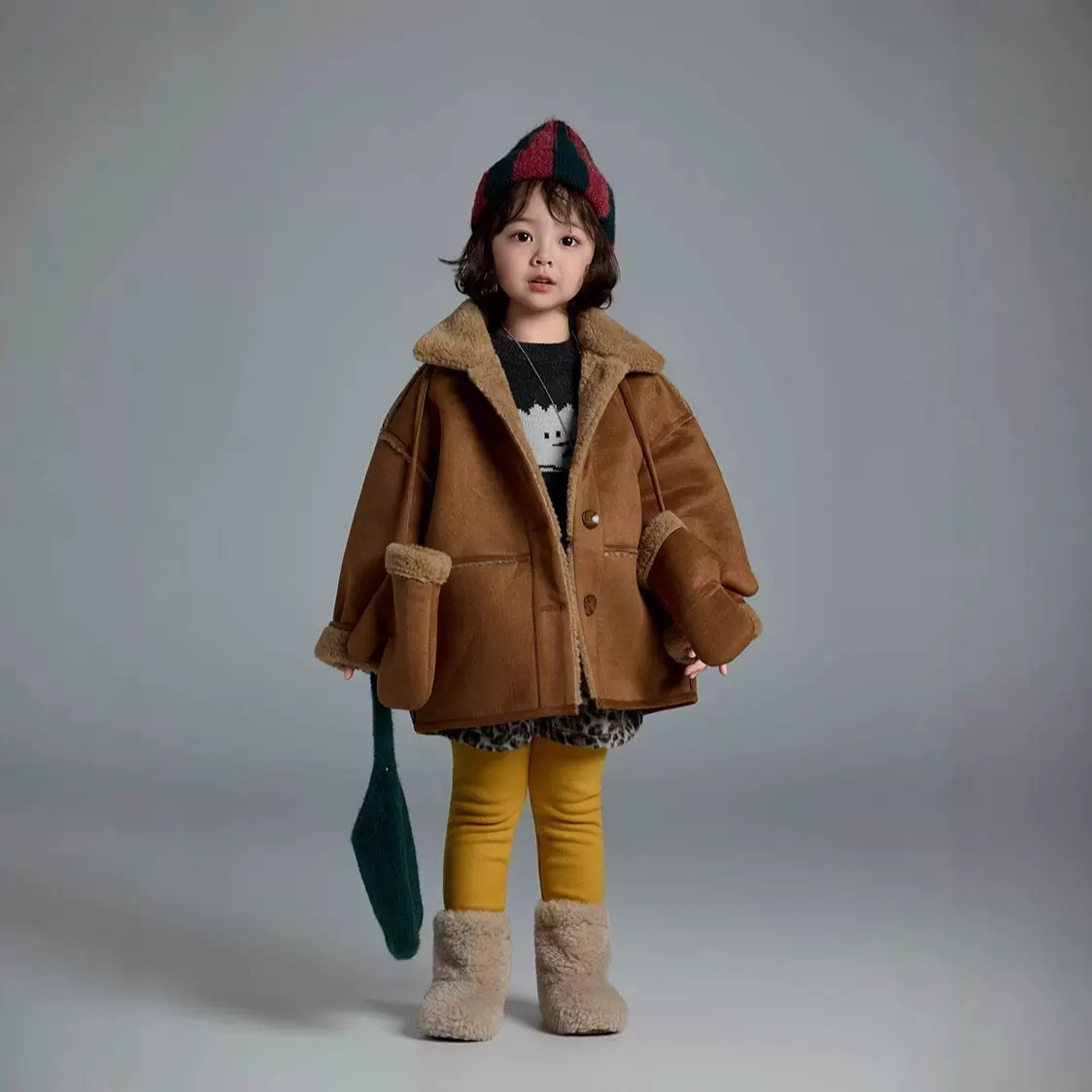 儿童皮毛一体外套送手套2025冬装新款韩版男女童复合麂皮绒外套