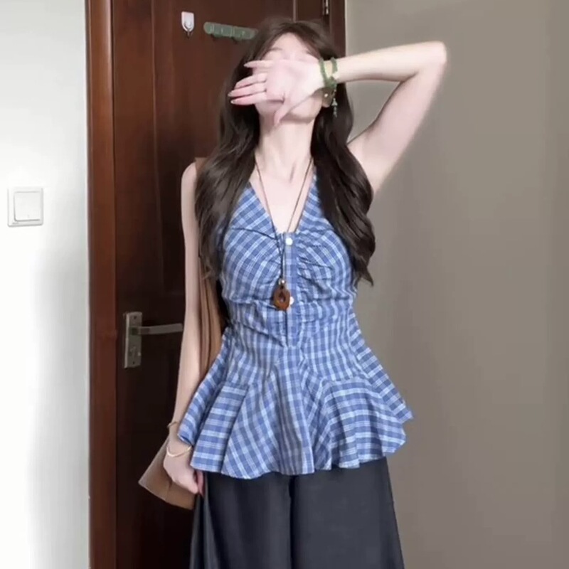 French-Style V-Neck Plaid Camisole Women's Summer Pure Desire Design Slimming Waist-Cinching Sleeveless Top French-Style V-Neck Plaid Camisole Women's Summer Pure Desire Design Slimming Waist-Cinching Sleeveless Top