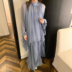フレンチロマンチックな雰囲気の軽くて薄いリボンプリーツファッショントップ+スカートスーツ