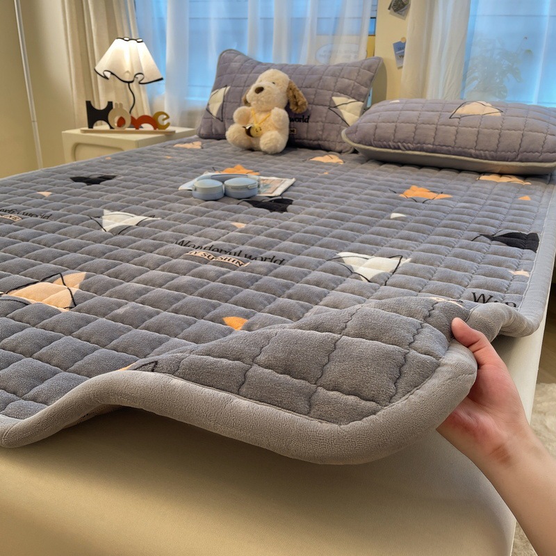 Class a Milk Velvet Crystal Velvet Bed Pad Cartoon Print Student Pad Double Autumn and Winter Non-Slip Soft Mattress Wholesale