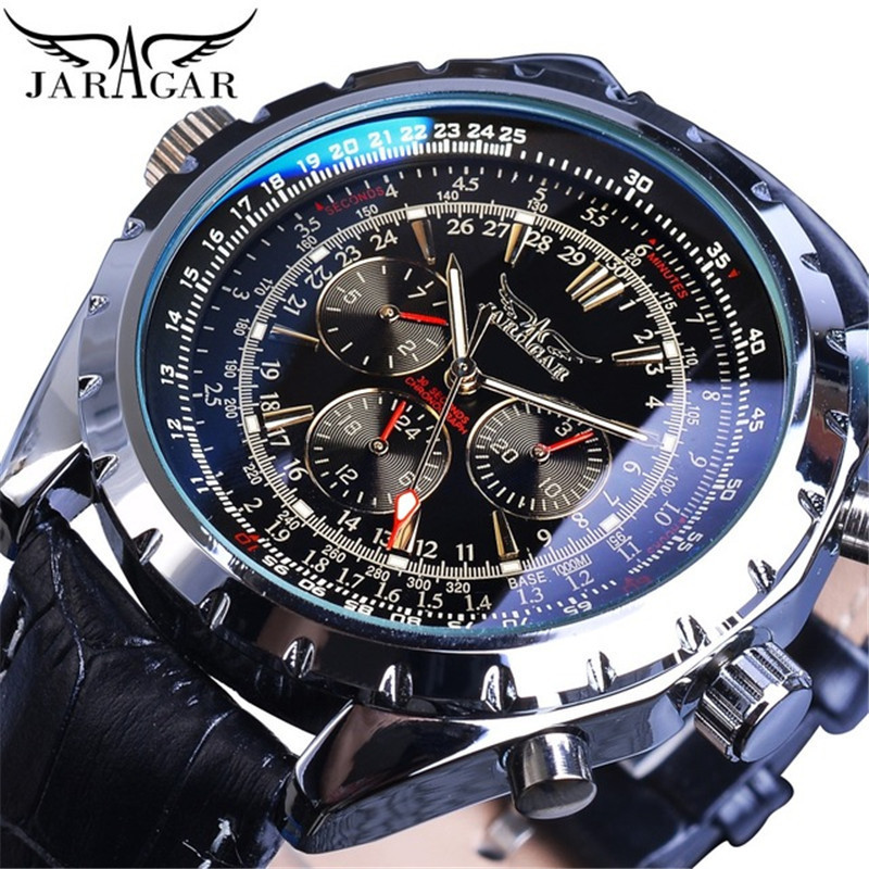 jaragar European and American Style Men's Fashion Leisure Machinery Multifunctional Blue Glass Automatic Mechanical Watch