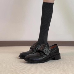羊皮版~单鞋女黑色真皮魔术贴深口乐福鞋低跟通勤外穿复古小皮鞋